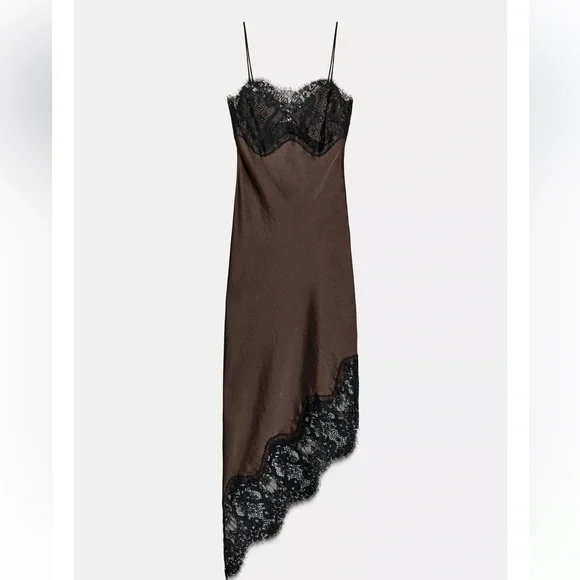 NWT Zara Asymmetric Satin Lace Dress in Black/ Brown Size M - Picture 8 of 16